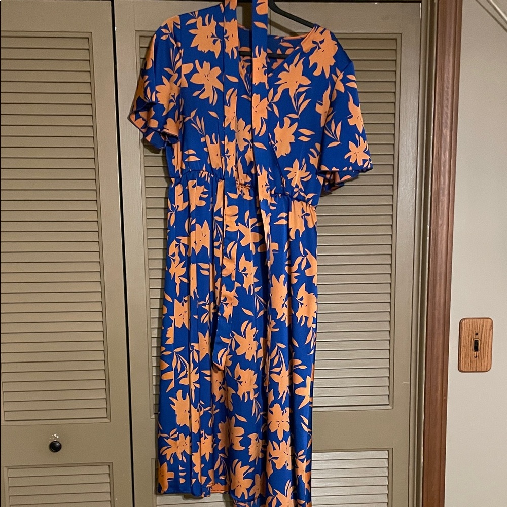 Elegant Blue and Orange Floral Midi Dress